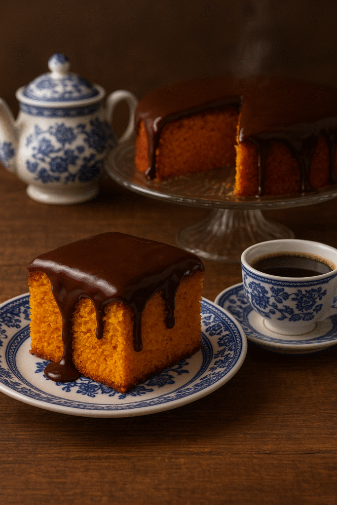 Bolo de cenoura caseiro em boleira de vidro decorada, com cobertura de chocolate cremosa escorrendo, xícara de café fumegante no pires de porcelana chinesa azul e branca e fatia do bolo partida ao fundo, sobre mesa rústica de madeira.