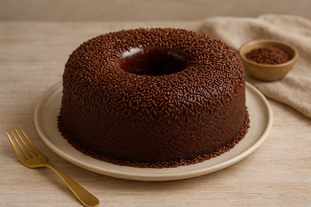 Brigadeirão cremoso de liquidificador com granulado, servido gelado em forma de pudim