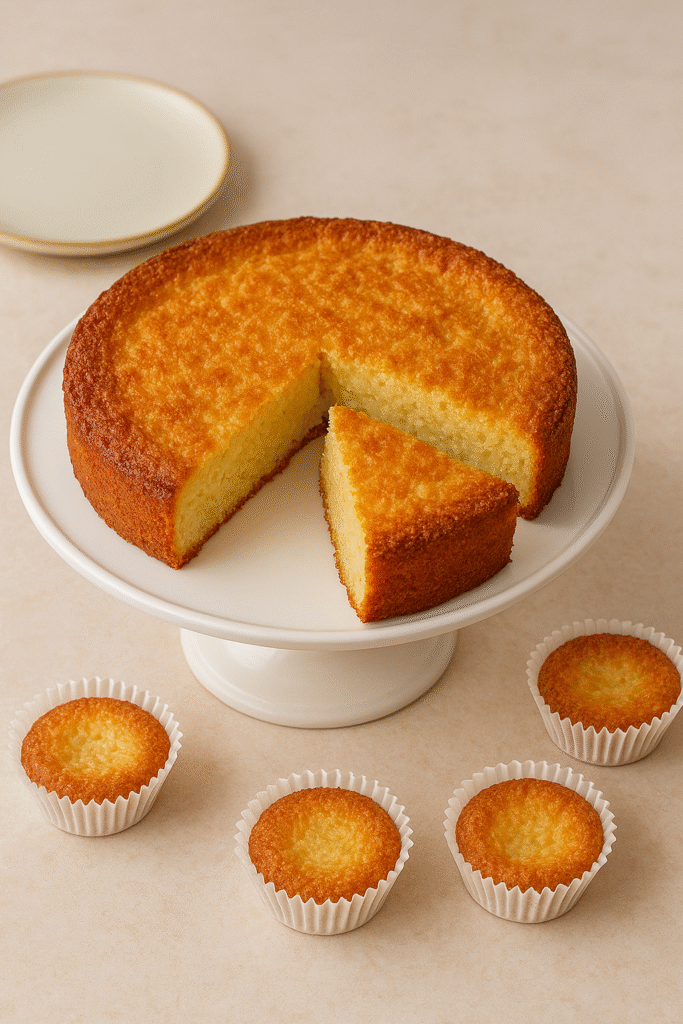 Bolo queijadinha tradicional desenformado sobre boleira cerâmica, partido e com fatia separada, mostrando interior amarelo cremoso com coco e queijo, em apresentação elegante de doce brasileiro.