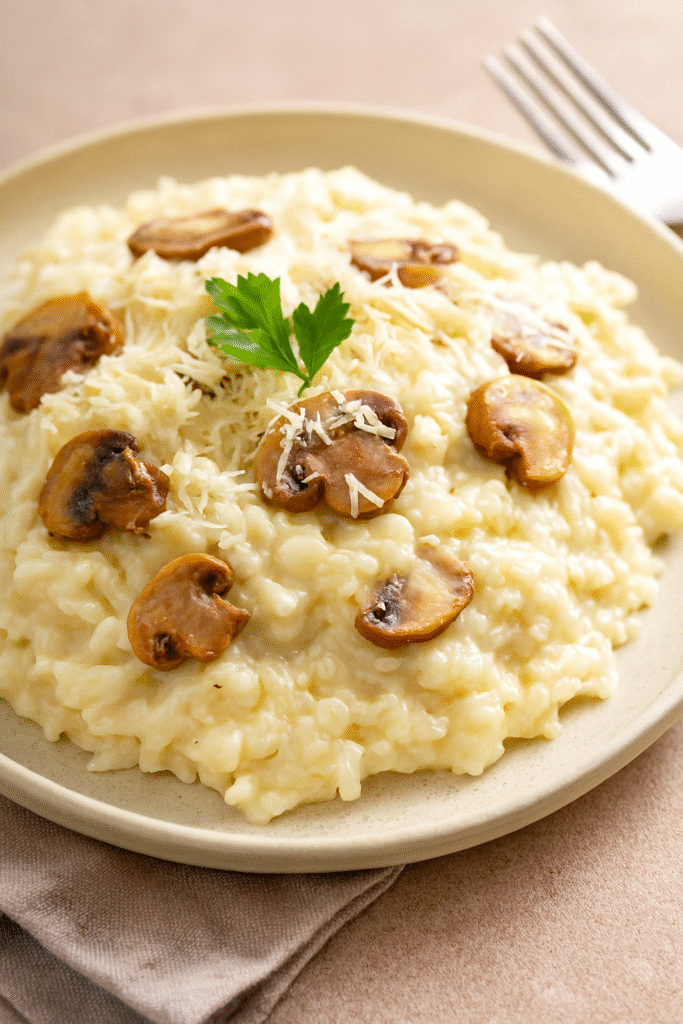 Arroz à piamontese cremoso com champignons e parmesão servido em prato branco sobre mesa rústica.