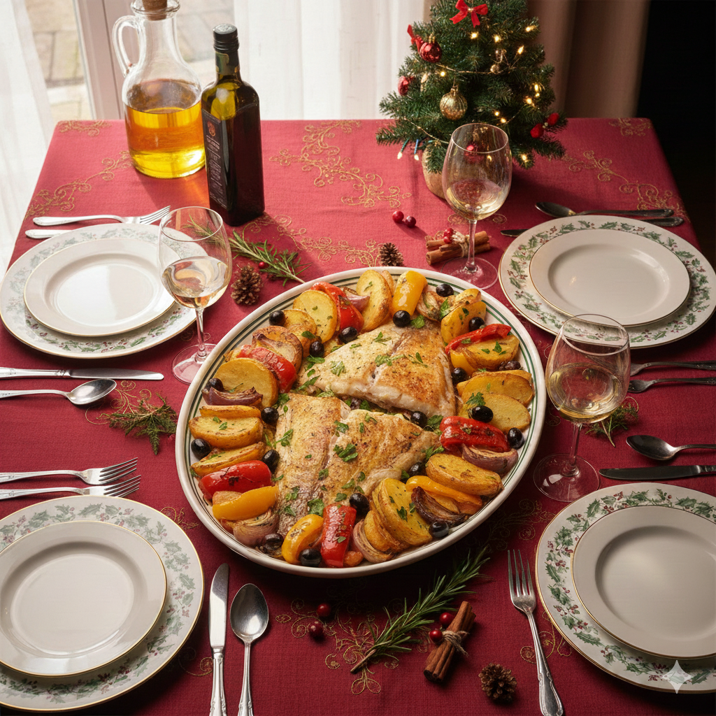 Bacalhau festivo assado com batatas, pimentões e azeitonas, servido em mesa natalina decorada com taças de vinho e enfeites de Natal.