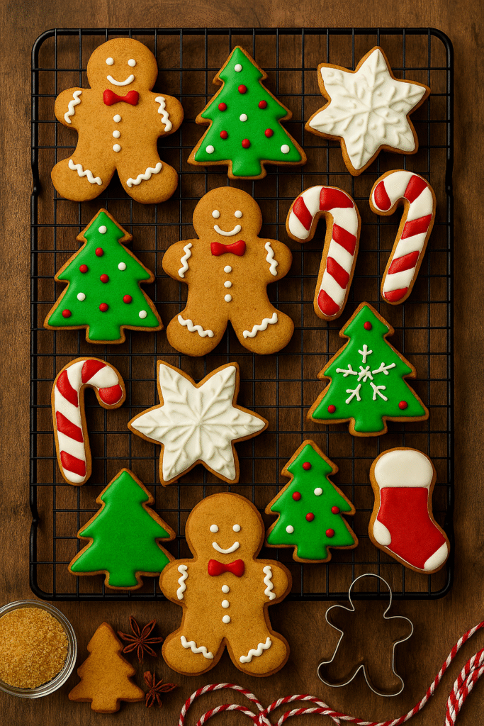 Biscoitos de gengibre (Gingerbread) natalinos decorados sobre grade de resfriamento com ingredientes e enfeites ao redor.