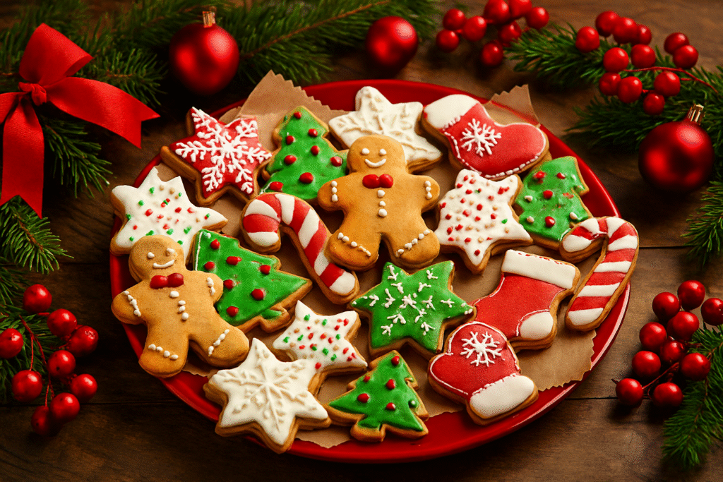 Biscoitos de natal decorados em formatos variados sobre prato vermelho com enfeites de Natal ao redor.