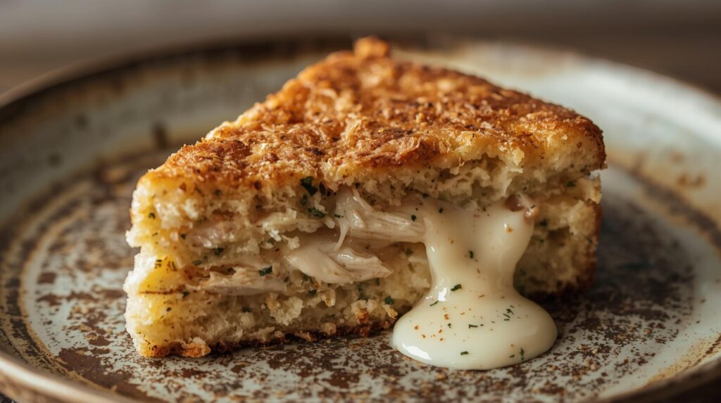 Fatia de bolo salgado de liquidificador com recheio cremoso de frango e ervas, servida em prato rústico.