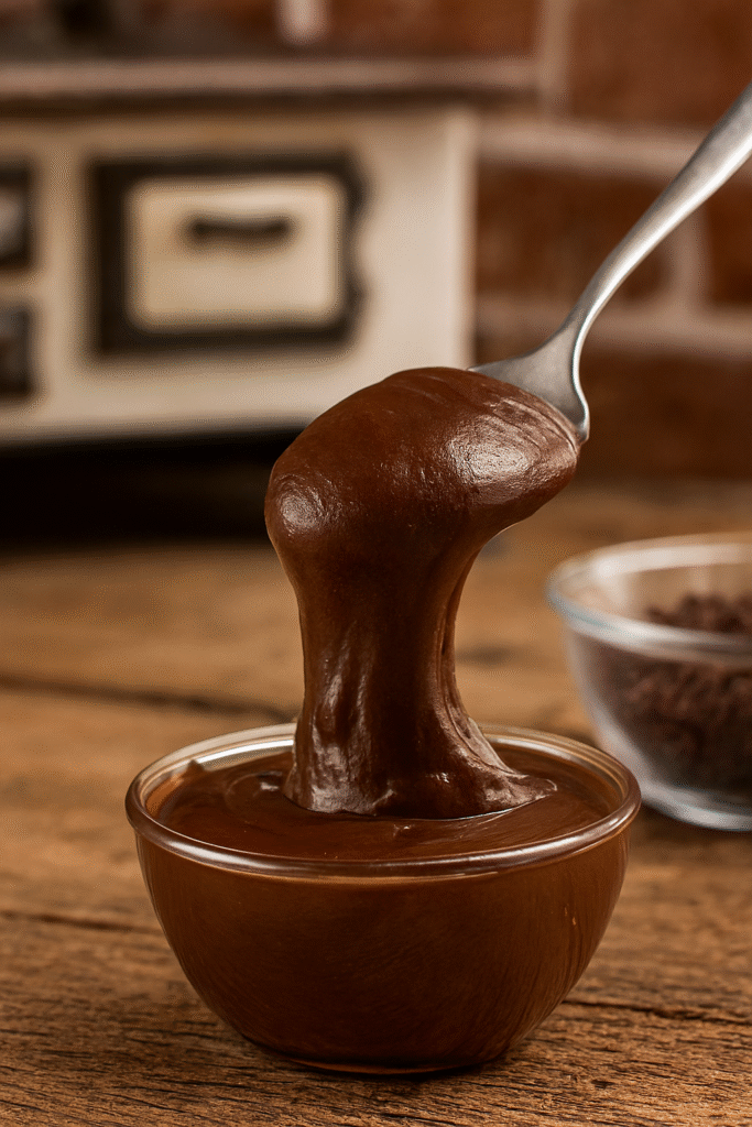 A imagem mostra o brigadeiro de colher cremoso sendo levantado por uma colher, destacando toda a cremosidade em um cenário caseiro aconchegante.