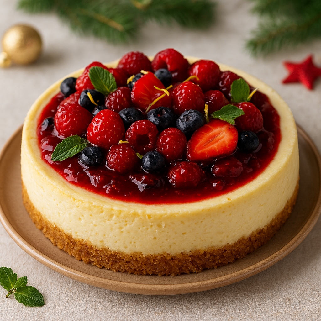 Cheesecake natalino com cobertura de frutas vermelhas, decorado com hortelã e raspas de limão sobre prato rústico, em cenário natalino.