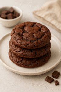 "Cookies brownie intensos e macios empilhados em prato claro, com textura rachada e pedaços de chocolate ao fundo"