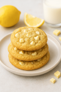 Cookies de limão siciliano com chocolate branco empilhados em um prato, com limão e copo de leite ao fundo.