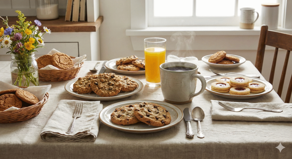 Mesa de lanche posta em estilo rústico com pratos de cookies variados (chocolate, aveia e geleia), acompanhados de uma xícara de café fumegante e um copo de suco de laranja fresco sob luz natural.