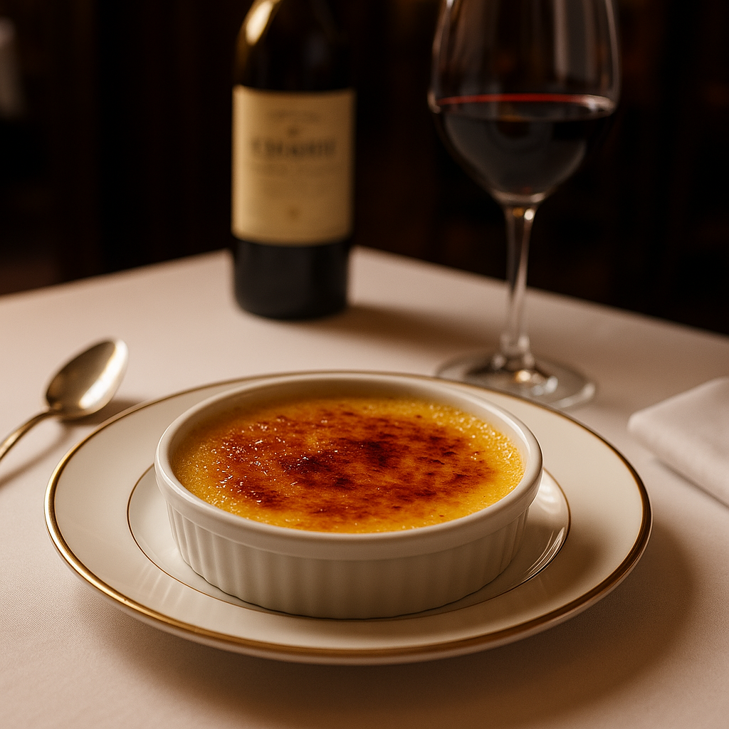 Crème Brûlée servido em um ramequim branco com casquinha caramelizada dourada, disposto sobre um prato elegante em um restaurante francês, com taça de vinho tinto ao fundo e iluminação sofisticada que destaca a sobremesa clássica.