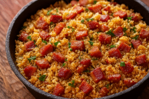 servida em tigela rústica, com pedaços crocantes de bancon magro,cebola roxa refogada e farinha de mandioca integral dourada, decorada com salsinha fresca