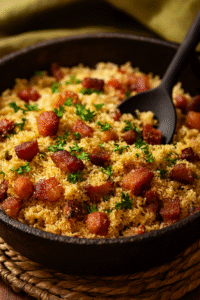 Receita saudável: Farofa de camarão saudável com camarões refogados no azeite, tomate e cebola, misturados à farinha de mandioca integral e finalizados com coentro fresco.