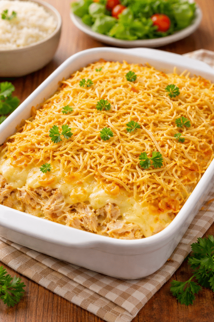 Fricassê de frango cremoso gratinado com queijo e batata palha servido em refratário branco sobre mesa de madeira.