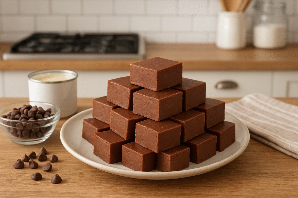 Fudge de chocolate típico dos EUA em cubos, servido em prato claro sobre bancada de madeira, com apresentação caseira em cozinha americana.