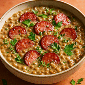 Tigela com lentilhas cremosas, rodelas de calabresa douradas e ervas frescas sobre fundo rústico.