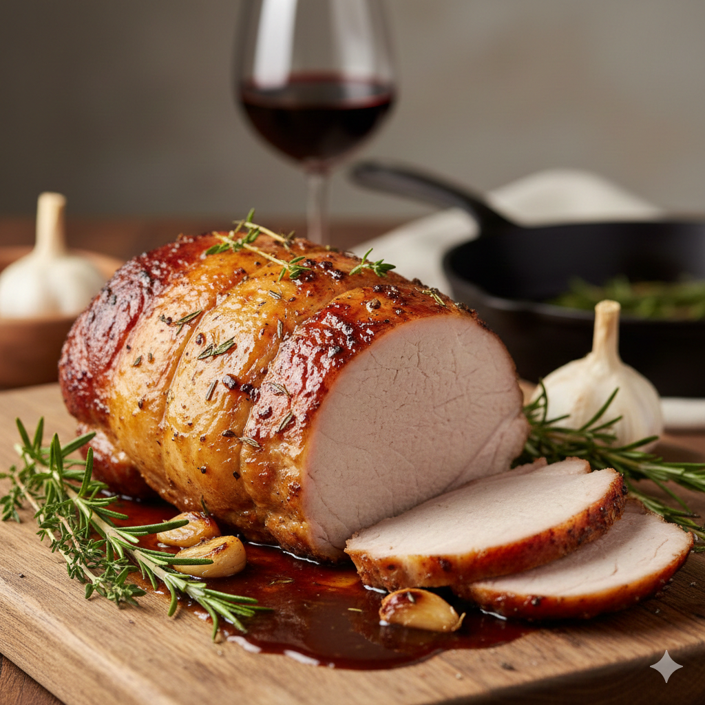 Lombo suíno assado e suculento fatiado em uma tábua de madeira com ramos de alecrim e dentes de alho.