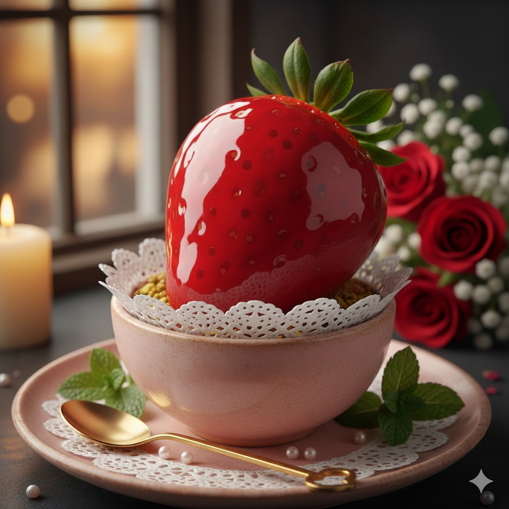 Morango do amor com casquinha de caramelo vermelho vibrante e brilhante, servido em uma tigela rosa em uma cena romântica com vela acesa, buquê de rosas vermelhas e iluminação suave e quente.