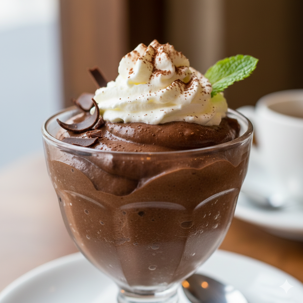 Mousse de chocolate cremoso em taça de vidro, com chantilly, cacau em pó, raspas de chocolate