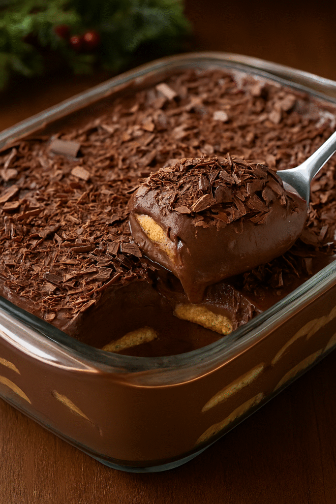 Uma sobremesa irresistível em camadas: pavê de chocolate cremoso servido em refratário de vidro, com biscoitos maisena intercalados por creme de chocolate aveludado. Finalizado com raspas de chocolate e apresentado sobre uma mesa rústica, com decoração natalina ao fundo. Ideal para ceias festivas e encontros em família.