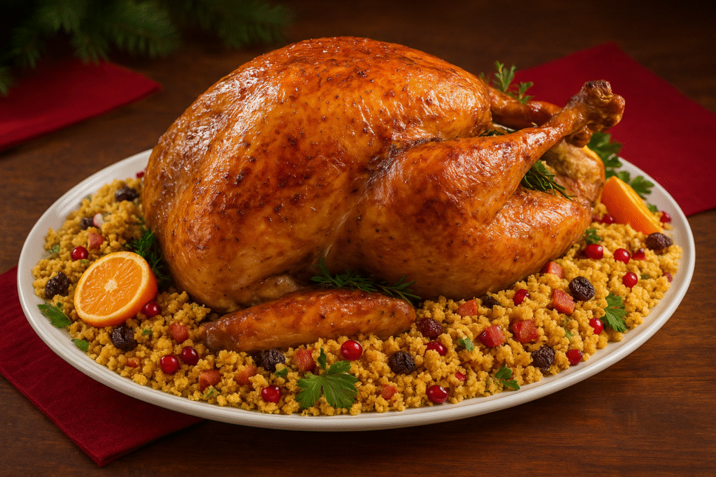 Peru com farofa para o Natal servido em uma travessa branca, com pele dourada e farofa colorida ao redor.