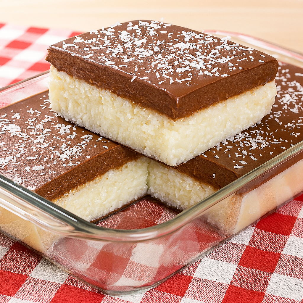 Prestígio de travessa gourmet com camada de coco e cobertura de chocolate, servido em prato preto com raspas de coco.