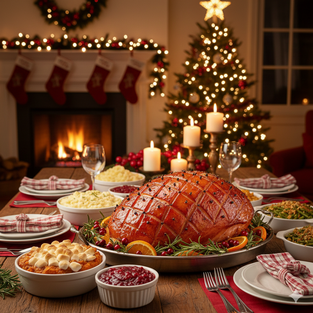 Presunto glaceado decorado com frutas e ervas em mesa natalina com acompanhamentos e decoração festiva.