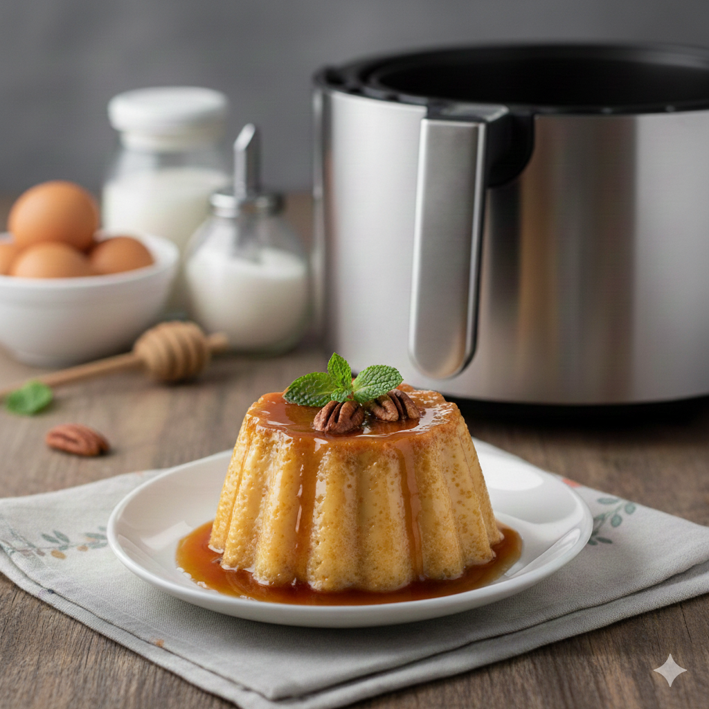 Pudim de Air Fryer com calda de caramelo e nozes-pecan, servido em prato branco com air fryer e ingredientes de fundo.
