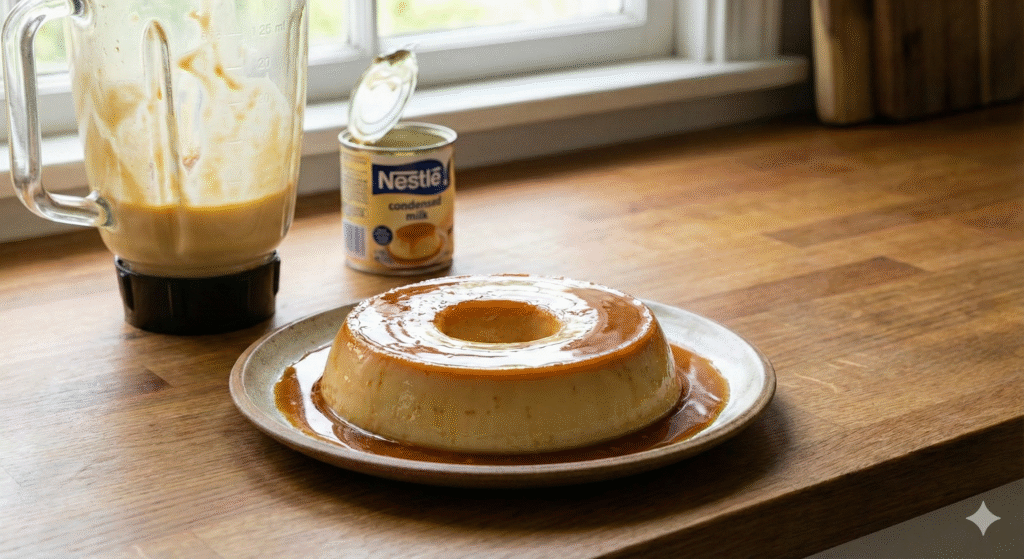 Foto realista e apetitosa de um pudim de leite condensado inteiro, desenformado sobre um prato de cerâmica em uma bancada de madeira. O pudim possui textura lisa, cremosa e está coberto por uma calda de caramelo brilhante. Ao fundo, desfocados, vê-se um copo de liquidificador com resquícios da massa, uma lata de leite condensado aberta, receita sem forno.