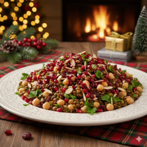 alada de lentilhas com grão-de-bico, romã e amêndoas em prato branco sobre toalha xadrez. Fundo desfocado com lareira acesa, luzes de Natal e presentes.