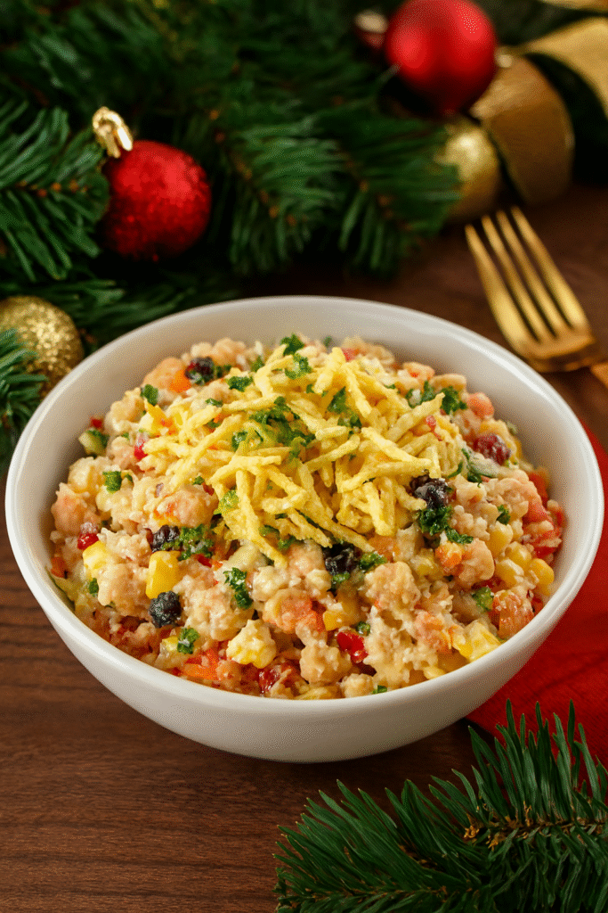 Tigela de salpicão vegano colorido com grão-de-bico, legumes, uvas-passas e batata palha, decorada com elementos natalinos como ramos de pinheiro, bolas vermelhas e douradas sobre mesa rústica.