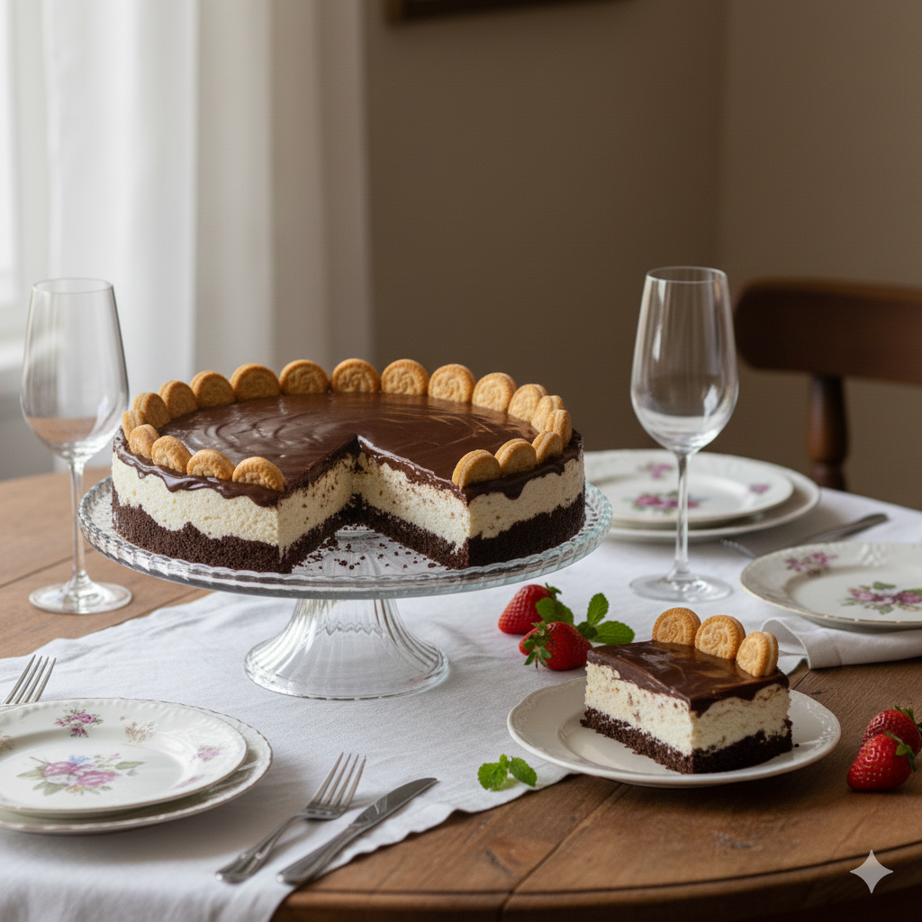 "Torta Holandesa inteira sobre boleira de vidro e um pedaço servido. Mesa posta com pratos, talheres e taças, além de morangos decorativos."