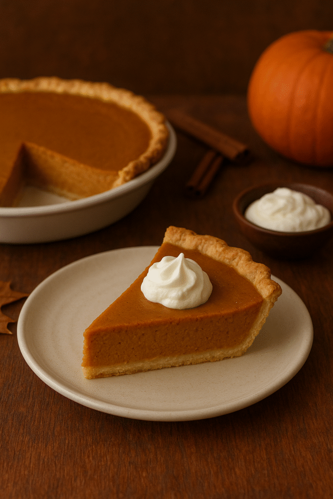 Fatia de torta de abóbora americana com recheio cremoso e massa crocante, servida com chantilly em uma mesa rústica com decoração de outono.