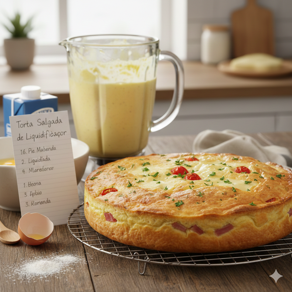 Torta salgada de liquidificador dourada no refratário com recheio de milho, ervilha, presunto e tomate