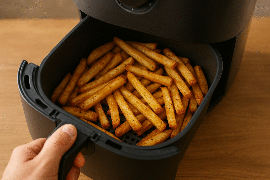 “Mão abrindo air fryer doméstica com batatas fritas douradas dentro do cesto, em cozinha com luz natural.
