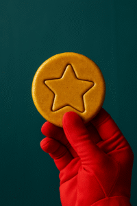 Mão com luva vermelha segurando biscoito Dalgona com molde de estrela, inspirado na série Round 6.