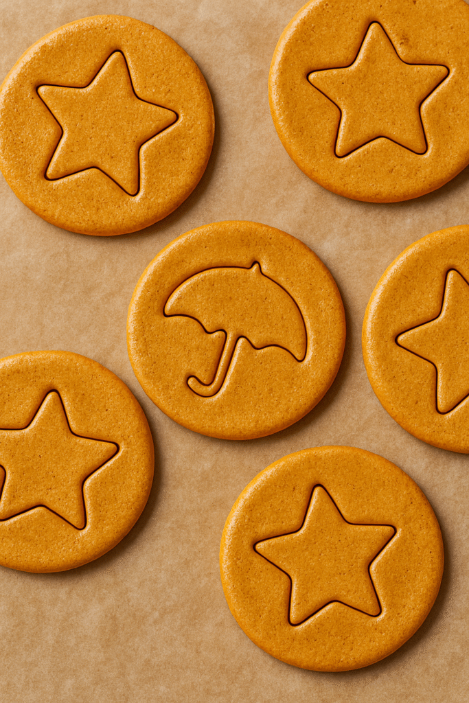 famoso Biscoito da Série Round 6:Biscoitos Dalgona redondos com moldes de estrela e guarda-chuva, inspirados na série Round 6, sobre papel manteiga.