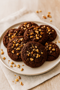 Sete cookies de chocolate com castanhas sobre um prato branco, com textura rachada e pedaços de castanhas visíveis, em fundo de tecido bege sobre superfície de madeira clara.