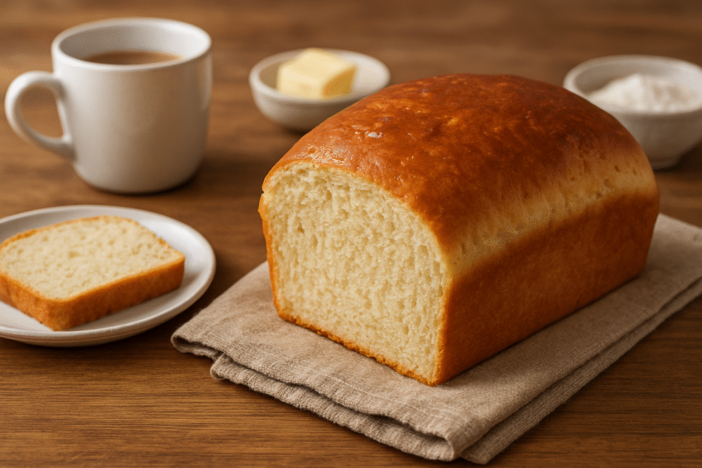 Pão caseiro dourado e fofinho servido em mesa de lanche com café e manteiga, apresentado de forma simples e caseira.