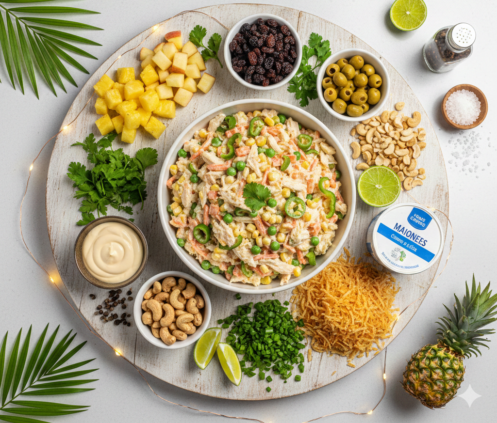 Surpreenda na Ceia com este Salpicão de Natal Nordestino! 🍍 Uma receita refrescante e agridoce que une a cremosidade do frango com o crocante da castanha de caju, o doce do abacaxi e o toque único do coentro. Clique e veja o segredo dessa delícia tropical!"