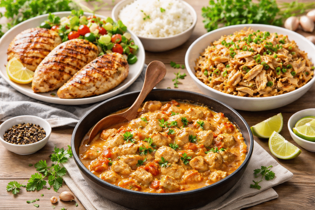 Receitas com frango para o almoço servidas em mesa rústica, com frango cremoso de panela, frango grelhado com salada e frango desfiado temperado.