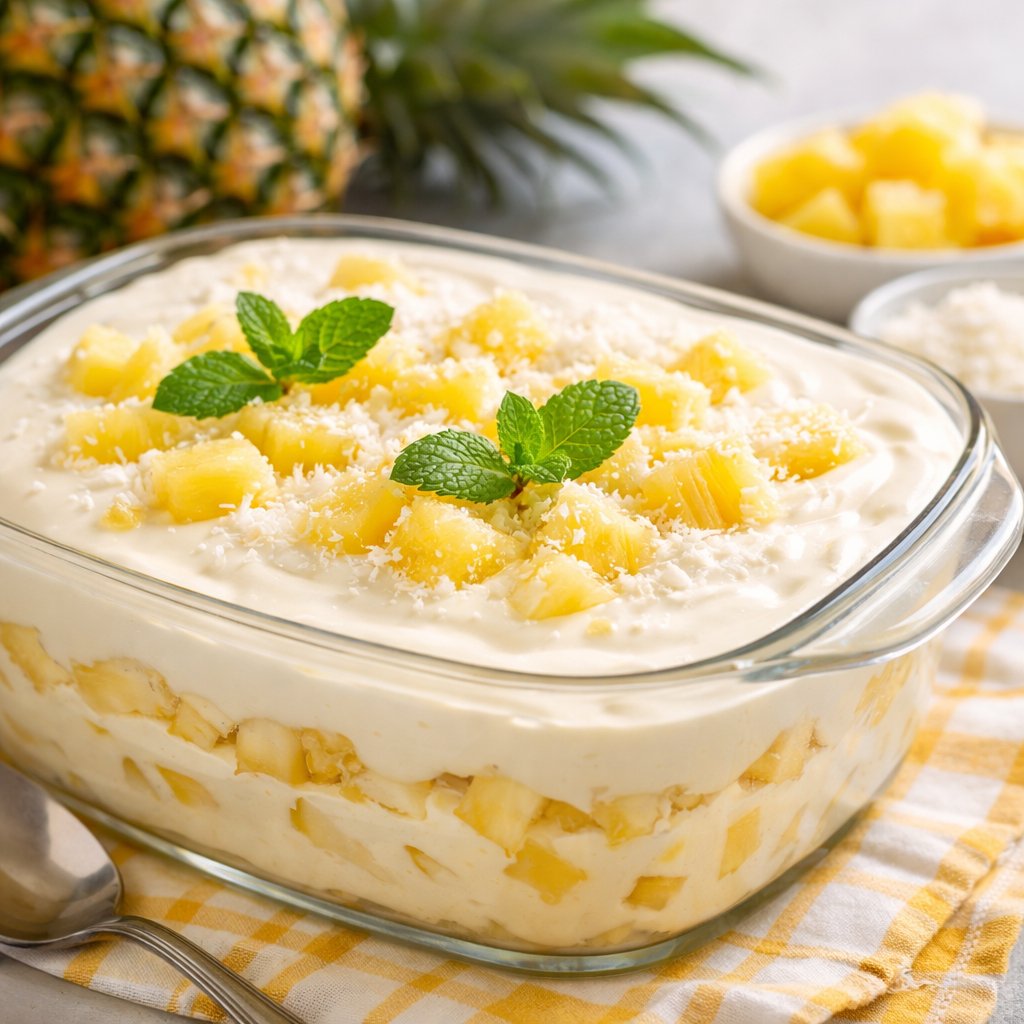 Receita de delícia de abacaxi cremosa com pedaços de fruta, servida em travessa de vidro com coco ralado e hortelã.