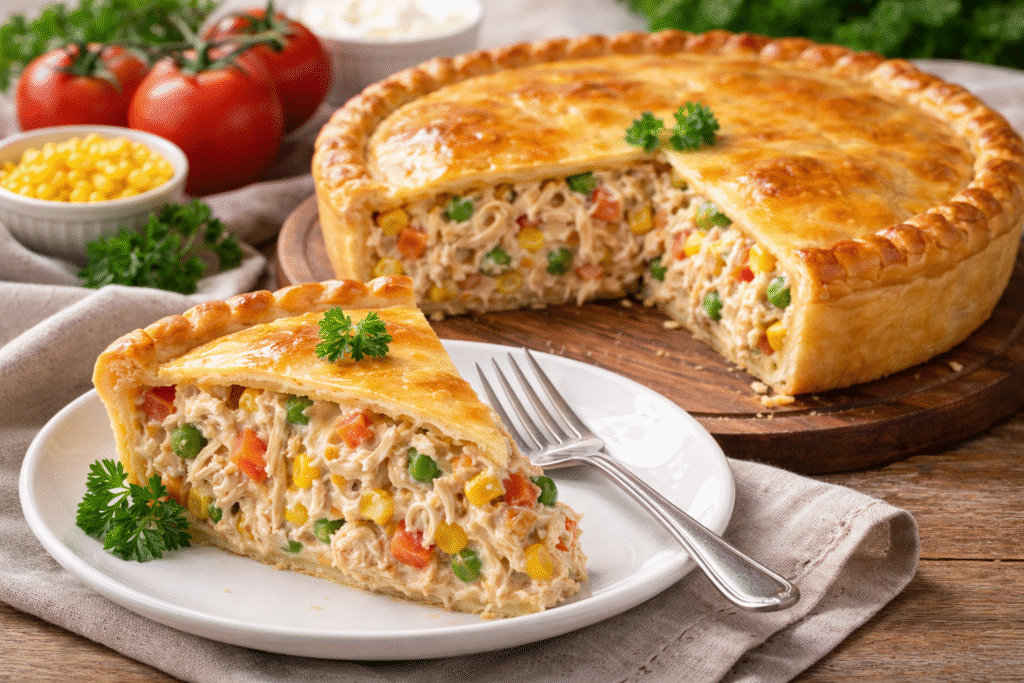 Empadão de frango com recheio cremoso e bem servido, mostrando frango desfiado em abundância, massa dourada e fatia servida em prato com o recheio em evidência.