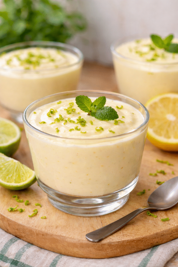 Mousse de limão cremosa servida em taça de vidro com raspas de limão e hortelã, sobremesa fácil e refrescante.