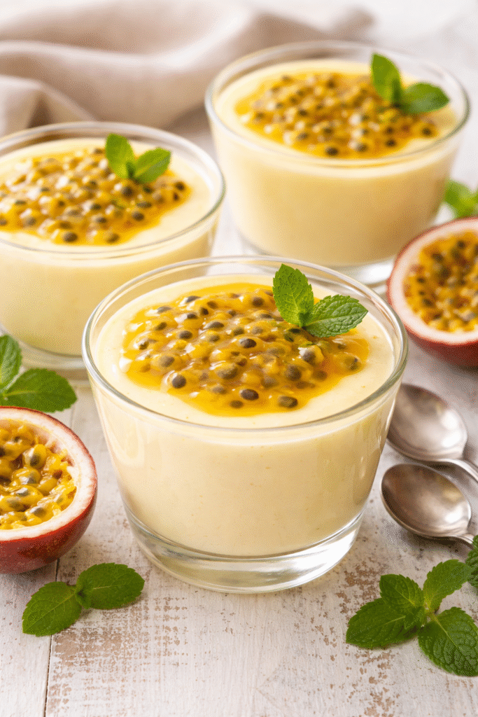 Mousse de maracujá cremosa servida em taças de vidro com polpa da fruta por cima, sobremesa fácil e refrescante..