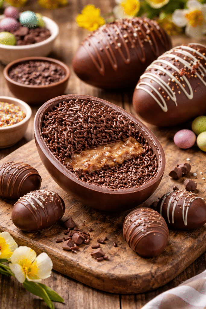Ovos de páscoa caseiros de chocolate ao leite e meio amargo, alguns cortados ao meio com recheio cremoso, decorados com confeitos sobre mesa rústica.