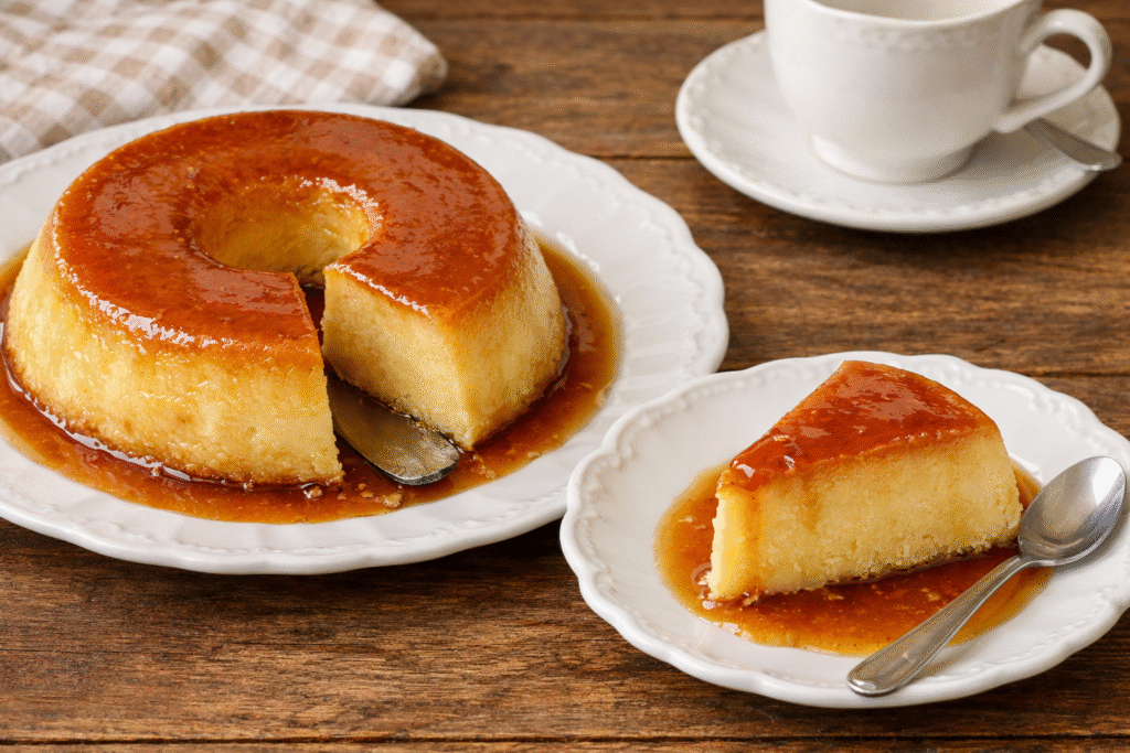 Pudim de pão caseiro bem lisinho com calda de caramelo, fatia servida em prato de sobremesa de porcelana com colher ao lado