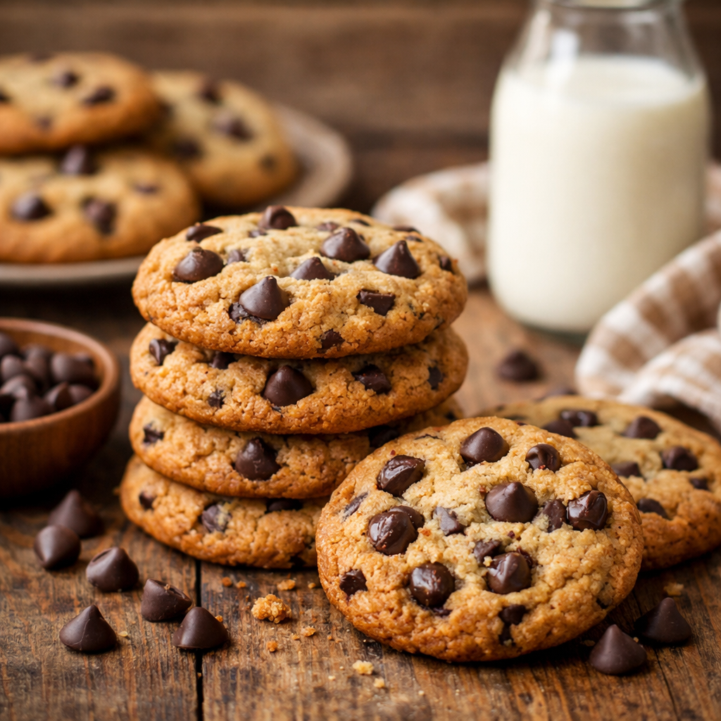 Receita de cookies com gotas de chocolate caseiros, dourados, macios por dentro e com chocolate derretido sobre mesa rústica.